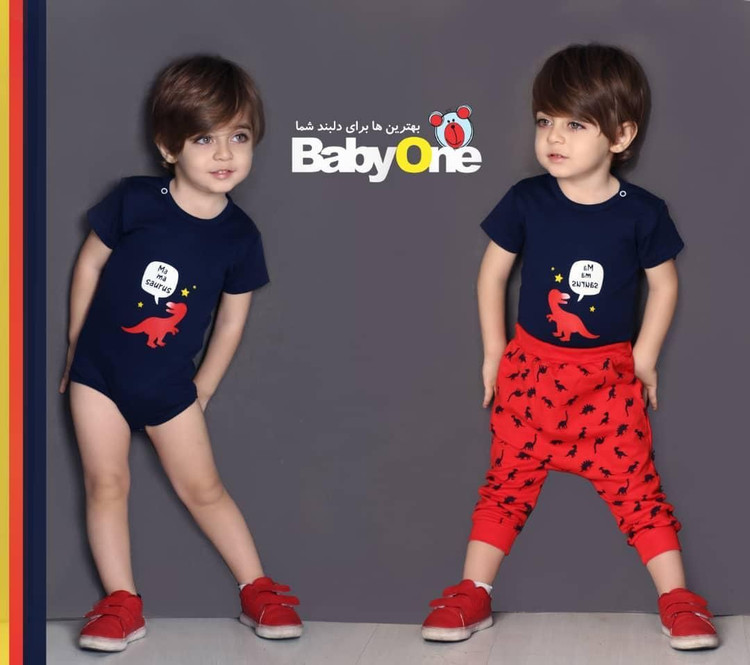 خرید ست دوتکه نوزادی بیبی وان طرح دایناسور | بادی و شلوار نخ پنبهای نرم سایز ۳ تا ۱۸ ماه