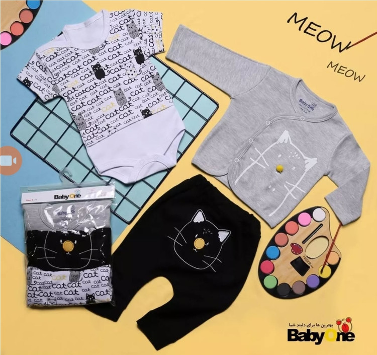خرید ست سه تکه نوزادی بیبی وان baby one شامل بادی شلوار کت از جنس نخ پنبه نرم و ضد حساسیت طرح گربه مناسب ۳ تا ۱۸ ماه
