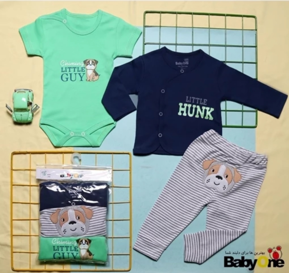 ست سه تیکه نوزادی بی بی وان baby one طرح هانک جنس نخ پنبه نرم